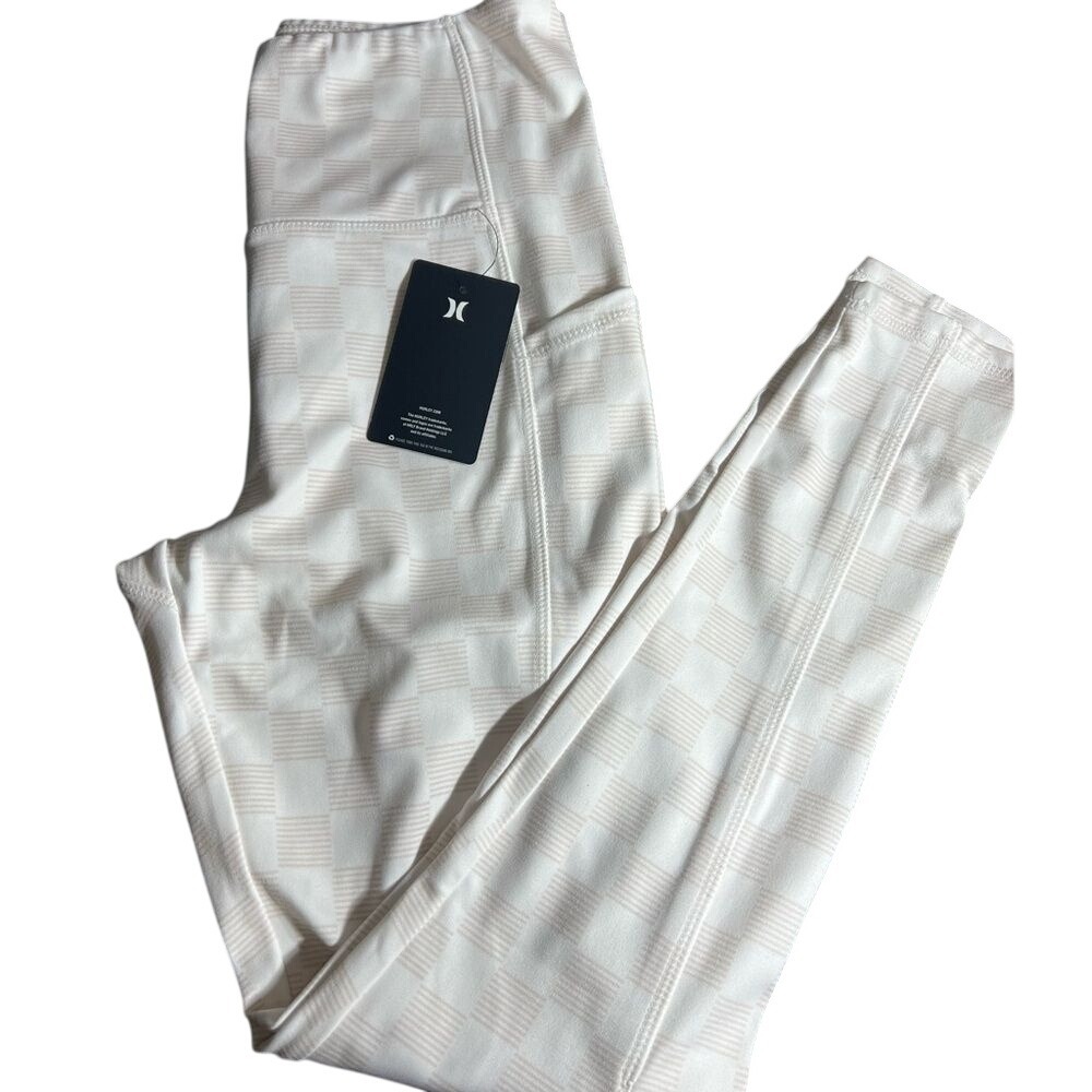 Hurley‎ Womens High Rise Side Pocket Checkerboard Leggings White Sand Small NEW